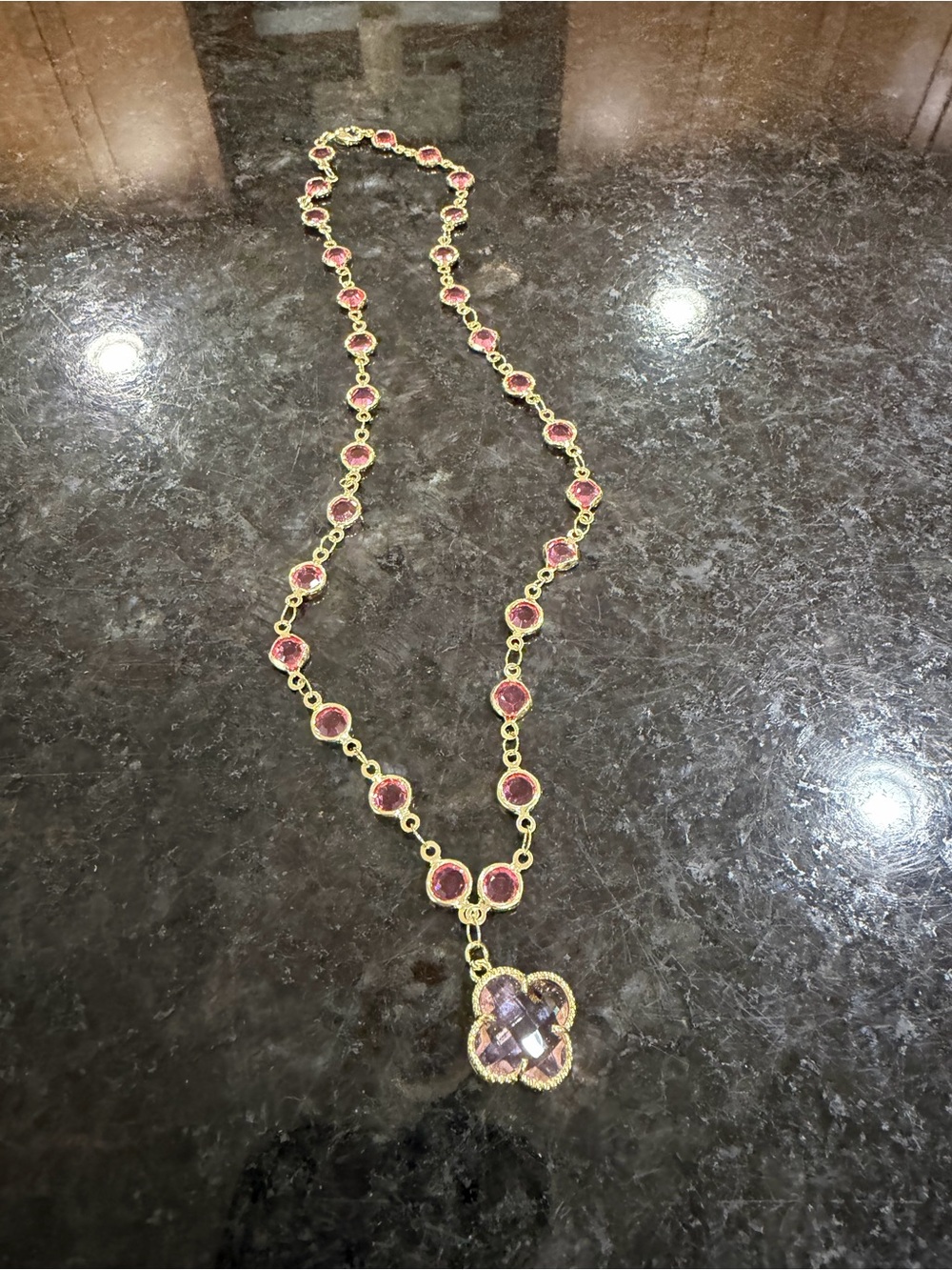 Gold-Tone Necklace with Pink Gemstone Pendant - Women's Jewelry
